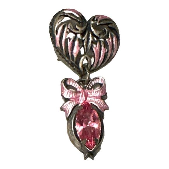 Banana Bob Victorian heart bow silver pink enamel crystal earrings 2” x 1” - Picture 4 of 5